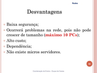 Redes




             Desvantagens

o   Baixa segurança;
o   Ocorrerá problemas na rede, pois não pode
    crescer de tamanho (máximo 10 PCs);
o   Alto custo;
o   Dependência;
o   Não existe micros servidores.

                                                                  52


                Coordenação de Ensino - Duque de Caxias
 