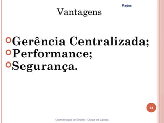 Redes

       Vantagens


GerênciaCentralizada;
Performance;
Segurança.




                                                         54


       Coordenação de Ensino - Duque de Caxias
 