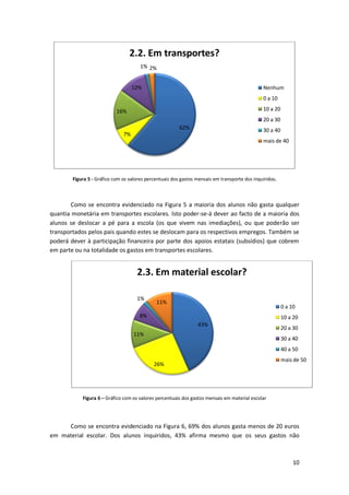 2.2. Em transportes?
                                       1% 2%


                                    12%                                                        Nenhum
                                                                                               0 a 10

                            16%                                                                10 a 20
                                                                                               20 a 30
                                                         62%                                   30 a 40
                               7%
                                                                                               mais de 40




        Figura 5 - Gráfico com os valores percentuais dos gastos mensais em transporte dos inquiridos.



       Como se encontra evidenciado na Figura 5 a maioria dos alunos não gasta qualquer
quantia monetária em transportes escolares. Isto poder-se-á dever ao facto de a maioria dos
alunos se deslocar a pé para a escola (os que vivem nas imediações), ou que poderão ser
transportados pelos pais quando estes se deslocam para os respectivos empregos. Também se
poderá dever à participação financeira por parte dos apoios estatais (subsídios) que cobrem
em parte ou na totalidade os gastos em transportes escolares.


                                     2.3. Em material escolar?

                                     1%
                                              11%
                                                                                                         0 a 10
                                      8%                                                                 10 a 20
                                                                 43%
                                                                                                         20 a 30
                                    11%
                                                                                                         30 a 40
                                                                                                         40 a 50
                                                                                                         mais de 50
                                             26%




            Figura 6 – Gráfico com os valores percentuais dos gastos mensais em material escolar




     Como se encontra evidenciado na Figura 6, 69% dos alunos gasta menos de 20 euros
em material escolar. Dos alunos inquiridos, 43% afirma mesmo que os seus gastos não



                                                                                                              10
 