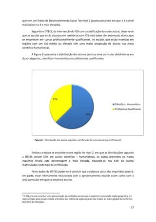 que tem um Índice de Desenvolvimento Social 2de nível 2 (quatro possíveis em que 1 é o nível
mais baixo e o 4 o mais elevado).

         Segundo o OTEES, da intersecção do IDS com a certificação do curso actual, observa-se
que as escolas que estão situadas em territórios com IDS mais baixo têm sobretudo alunos que
se encontram em cursos profissionalmente qualificantes. As escolas que estão inseridas em
regiões com um IDS médio ou elevado têm uma maior proporção de alunos nas áreas
cientifico-humanísticas.

        A Figura 8 apresenta a distribuição dos alunos pela sua área curricular dividindo-se em
duas categorias, cientifico – humanísticas e profissionais qualificantes.




                               37%
                                                                                                Ciêntifico - Humanístico
                                                                                                Profissional Qualificante
                                                                 63%




            Figura 8 – Distribuição dos alunos segundo a certificação do curso actual (para 327 alunos)




        Embora a escola se encontre numa região de nível 2, em que as distribuições segundo
a OTEES seriam 57% em cursos cientifico – humanísticos, os dados presentes no nosso
inquérito revela esta percentagem é mais elevada, situando-se nos 63% de alunos
matriculados neste tipo de certificação.

        Pelos dados da OTEES poder-se-á concluir que a estatura social dos inquiridos poderá,
em parte, estar intimamente relacionada com o aproveitamento escolar assim como com a
área curricular em que se encontra escrito.




2
 O IDS procura constituir uma aproximação às condições sociais que prevalecem numa dada região geográfica e é
representado pela simples média aritmética dos índices de esperança de vida média, do índice global de conforto e
do índice de educação.

                                                                                                               12
 