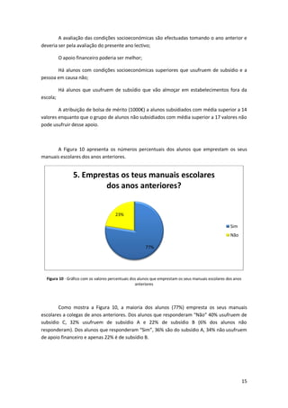 A avaliação das condições socioeconómicas são efectuadas tomando o ano anterior e
deveria ser pela avaliação do presente ano lectivo;

          O apoio financeiro poderia ser melhor;

       Há alunos com condições socioeconómicas superiores que usufruem de subsídio e a
pessoa em causa não;

          Há alunos que usufruem de subsídio que vão almoçar em estabelecimentos fora da
escola;

        A atribuição de bolsa de mérito (1000€) a alunos subsidiados com média superior a 14
valores enquanto que o grupo de alunos não subsidiados com média superior a 17 valores não
pode usufruir desse apoio.



      A Figura 10 apresenta os números percentuais dos alunos que emprestam os seus
manuais escolares dos anos anteriores.


                5. Emprestas os teus manuais escolares
                        dos anos anteriores?


                                       23%

                                                                                                      Sim
                                                                                                      Não

                                                       77%




  Figura 10 - Gráfico com os valores percentuais dos alunos que emprestam os seus manuais escolares dos anos
                                                   anteriores




        Como mostra a Figura 10, a maioria dos alunos (77%) empresta os seus manuais
escolares a colegas de anos anteriores. Dos alunos que responderam “Não” 40% usufruem de
subsídio C, 32% usufruem de subsídio A e 22% de subsídio B (6% dos alunos não
responderam). Dos alunos que responderam “Sim”, 36% são do subsídio A, 34% não usufruem
de apoio financeiro e apenas 22% é de subsídio B.




                                                                                                               15
 