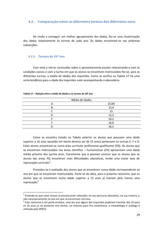 4.2.      Comparação entre as diferentes turmas dos diferentes anos



       De modo a conseguir um melhor agrupamento dos dados, fez-se uma clusterização
dos dados relativamente às turmas de cada ano. Os dados encontram-se nas próximas
subsecções.


    4.2.1. Turmas do 10º Ano


        Com vista a retirar conclusões sobre o aproveitamento escolar relacionando-o com as
condições sociais e com a turma em que os alunos se encontram matriculados fez-se, para as
diferentes turmas, a média de idades dos inquiridos. Como se verifica na Tabela 17 há uma
certa tendência para a idade dos inquiridos subir acompanhando o abecedário.



Tabela 17 – Relação entre a média de idades e as turmas do 10º ano

                                             Média de idades
                          A                                              15,04
                          B                                               15,4
                          C                                                15
                          D                                               15,3
                          E                                               16,2
                          F                                               16,6
                          G                                               16,2


        Como se encontra listado na Tabela anterior os alunos que possuem uma idade
superior a 16 anos (quando em teoria deveria ser de 15 anos) pertencem às turmas E, F e G.
Estes alunos encontram-se numa área curricular profissional qualificante (PQ). Os alunos que
se encontram matriculados nas áreas cientifico – humanísticas (CH) apresentam uma idade
média próxima dos quinze anos. Claramente que é possível concluir que os alunos que os
alunos das áreas PQ encontram mais dificuldades educativas, tendo uma maior taxa de
reprovação curricular3.

       Procedeu-se à avaliação dos alunos que se encontram numa idade correspondente ao
ano em que se encontram matriculados. Parte-se da ideia, para o próximo raciocínio, que os
alunos que se encontrem numa idade superior a 15 anos já tiveram pelo menos uma
reprovação.4


3
  Entende-se que estes alunos já encontraram retenções no seu percurso educativo, na sua maioria, e
não necessariamente no ano em que se encontram inscritos.
4
  Este raciocínio é em parte erróneo, uma vez que alguns dos inquiridos puderam transitar dos 15 para
os 16 anos já no presente ano lectivo, no entanto para fins estatísticos, a metodologia é análoga à
utilizada pelo OPEES.

                                                                                                  29
 