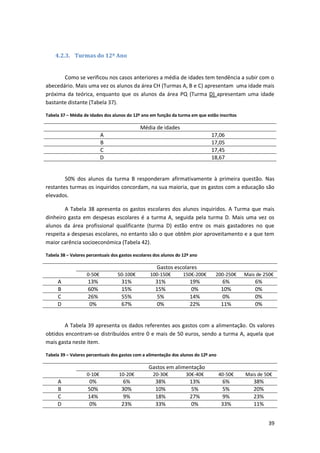 4.2.3. Turmas do 12º Ano


       Como se verificou nos casos anteriores a média de idades tem tendência a subir com o
abecedário. Mais uma vez os alunos da área CH (Turmas A, B e C) apresentam uma idade mais
próxima da teórica, enquanto que os alunos da área PQ (Turma D) apresentam uma idade
bastante distante (Tabela 37).

Tabela 37 – Média de idades dos alunos do 12º ano em função da turma em que estão inscritos

                                              Média de idades
                            A                                                  17,06
                            B                                                  17,05
                            C                                                  17,45
                            D                                                  18,67


        50% dos alunos da turma B responderam afirmativamente à primeira questão. Nas
restantes turmas os inquiridos concordam, na sua maioria, que os gastos com a educação são
elevados.

        A Tabela 38 apresenta os gastos escolares dos alunos inquiridos. A Turma que mais
dinheiro gasta em despesas escolares é a turma A, seguida pela turma D. Mais uma vez os
alunos da área profissional qualificante (turma D) estão entre os mais gastadores no que
respeita a despesas escolares, no entanto são o que obtêm pior aproveitamento e a que tem
maior carência socioeconómica (Tabela 42).

Tabela 38 – Valores percentuais dos gastos escolares dos alunos do 12º ano

                                                      Gastos escolares
                    0-50€          50-100€         100-150€        150€-200€     200-250€     Mais de 250€
     A              13%              31%             31%              19%             6%          6%
     B              60%              15%             15%              0%              10%         0%
     C              26%              55%              5%              14%             0%          0%
     D              0%               67%              0%              22%             11%         0%


        A Tabela 39 apresenta os dados referentes aos gastos com a alimentação. Os valores
obtidos encontram-se distribuídos entre 0 e mais de 50 euros, sendo a turma A, aquela que
mais gasta neste item.

Tabela 39 – Valores percentuais dos gastos com a alimentação dos alunos do 12º ano

                                                  Gastos em alimentação
                    0-10€          10-20€           20-30€          30€-40€          40-50€   Mais de 50€
     A              0%                6%             38%              13%             6%         38%
     B              50%              30%             10%              5%              5%         20%
     C              14%               9%             18%              27%             9%         23%
     D              0%               23%             33%              0%              33%        11%


                                                                                                       39
 
