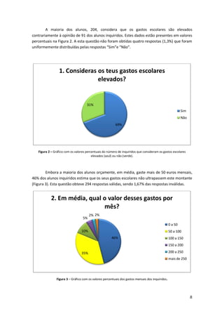 A maioria dos alunos, 204, considera que os gastos escolares são elevados
contrariamente à opinião de 91 dos alunos inquiridos. Estes dados estão presentes em valores
percentuais na Figura 2. A esta questão não foram obtidas quatro respostas (1,3%) que foram
uniformemente distribuídas pelas respostas “Sim”e “Não”.




                 1. Consideras os teus gastos escolares
                               elevados?


                                     31%
                                                                                                           Sim
                                                                                                           Não
                                                         69%




   Figura 2 – Gráfico com os valores percentuais do número de inquiridos que consideram os gastos escolares
                                         elevados (azul) ou não (verde).



        Embora a maioria dos alunos orçamente, em média, gaste mais de 50 euros mensais,
46% dos alunos inquiridos estima que os seus gastos escolares não ultrapassem este montante
(Figura 3). Esta questão obteve 294 respostas válidas, sendo 1,67% das respostas inválidas.


           2. Em média, qual o valor desses gastos por
                             mês?
                                       2% 2%
                                  5%
                                                                                                  0 a 50
                                 10%                                                              50 a 100
                                                      46%                                         100 a 150
                                                                                                  150 a 200

                                 35%                                                              200 a 250
                                                                                                  mais de 250




               Figura 3 – Gráfico com os valores percentuais dos gastos mensais dos inquiridos.




                                                                                                                 8
 