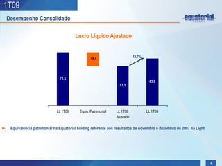 1T09
  Desempenho Consolidado

                                         Lucro Líquido Ajustado


                                                                           18,7%
                                                  18,4




                                71,5
                                                                                    63,0
                                                                  53,1




                              LL 1T08      Equiv. Patrimonial   LL 1T08            LL 1T09
                                                                Ajustado

► Equivalência patrimonial na Equatorial holding referente aos resultados de novembro e dezembro de 2007 na Light.




                                                                                                                     16
 