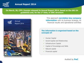 On March, 30, CPFL Energia released its Annual Report 2014, based on the GRI G4
guidelines and, for the 1st time, in IIRC structure
19
This approach correlates key company
information with its business strategy, its
financial results and operational activities
The information is organized based on the
concepts of:
 Human Capital
 Social Capital and Relationship
 Infrastructure Capital
 Capital of Knowledge and Skills
 Natural capital
 Financial capital
Audited by PwC
Annual Report 2014
 