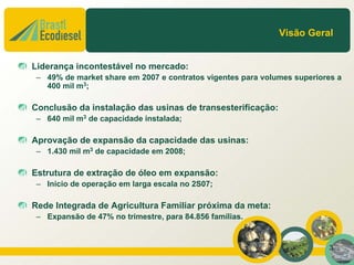 Visão Geral


Liderança incontestável no mercado:
 – 49% de market share em 2007 e contratos vigentes para volumes superiores a
   400 mil m3;

Conclusão da instalação das usinas de transesterificação:
 – 640 mil m3 de capacidade instalada;

Aprovação de expansão da capacidade das usinas:
 – 1.430 mil m3 de capacidade em 2008;

Estrutura de extração de óleo em expansão:
 – Início de operação em larga escala no 2S07;

Rede Integrada de Agricultura Familiar próxima da meta:
 – Expansão de 47% no trimestre, para 84.856 famílias.


                                                                         3
 