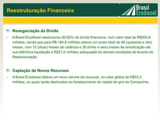 Reestruturação Financeira


    Renegociação da Dívida
-   A Brasil Ecodiesel reestruturou 82,65% da dívida financeira, num valor total de R$205,8
    milhões, sendo que para R$ 184,8 milhões obteve um prazo total de 48 (quarenta e oito)
    meses, com 12 (doze) meses de carência e 36 (trinta e seis) meses de amortização até
    sua definitiva liquidação e R$21,0 milhões adequação às demais condições do Acordo de
    Reestruturação.


    Captação de Novos Recursos
-   A Brasil Ecodiesel obteve um novo volume de recursos, no valor global de R$53,3
    milhões, os quais serão destinados ao fortalecimento do capital de giro da Companhia.
 