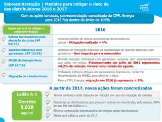 Sobras involuntárias pela
alocação de cotas (AP
04/16)
Sobrecontratação | Medidas para mitigar o risco de
das distribuidoras 2016 e 2017
7
Acordos bilaterais com
geradores (AP 12/16)
Ações em prol de mitigar a
sobrecontratação
Migração de clientes livres
MCSD de Energia Nova
(AP 24/16)

Decreto
8.828
Ago/16
Potencial de mitigação depende da possibilidade de acordos bilaterais com
geradores – Sem impacto para o consumidor
Reconhecimento de sobras involuntárias decorrentes de
quotas - Mitigação realizada ≈ 4%
2016
Efetuando esforços através dos mecanismos disponíveis, conforme
recomendação da ANEEL, para eliminar o risco.
Para a CPFL Energia, migração em 2016 já representa ≈ 2%.
Permite redução contratual com geradores, inclusive com empreendimentos
que estão em atraso. Processamento em julho de 2016 representou
≈0,2% de redução. Haverá nova rodada em agosto.
Leilão A-1 Novos contratos terão cláusula de redução em caso de migração de clientes
Desobriga as distribuidoras que possuem sobras em recontratar, pelo menos, 96%
de seu MR nos leilões A-1.
Elimina contratação desnecessária de energia pelas distribuidoras
Efeito será válido a partir de 2017
A partir de 2017, novas ações foram concretizadas






 