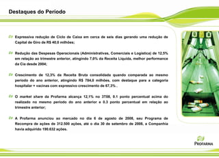 Destaques do Período



  Expressiva redução de Ciclo de Caixa em cerca de seis dias gerando uma redução de
  Capital de Giro de R$ 40,0 milhões;


  Redução das Despesas Operacionais (Administrativas, Comerciais e Logística) de 12,5%
  em relação ao trimestre anterior, atingindo 7,0% da Receita Líquida, melhor performance
  da Cia desde 2004;


  Crescimento de 12,3% da Receita Bruta consolidada quando comparada ao mesmo
  período do ano anterior, atingindo R$ 784,0 milhões, com destaque para a categoria
  hospitalar + vacinas com expressivo crescimento de 67,3% .


  O market share da Profarma alcança 12,1% no 3T08, 0.1 ponto percentual acima do
  realizado no mesmo período do ano anterior e 0.3 ponto percentual em relação ao
  trimestre anterior;


  A Profarma anunciou ao mercado no dia 6 de agosto de 2008, seu Programa de
  Recompra de ações de 312.500 ações, até o dia 30 de setembro de 2008, a Companhia
  havia adquirido 190.632 ações.
 