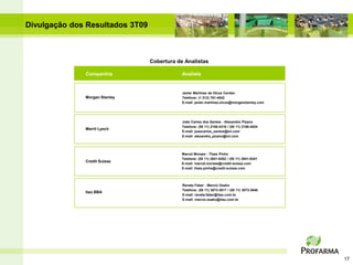Divulgação dos Resultados 3T09



                                 Cobertura de Analistas

              Companhia                      Analista


                                             Javier Martinez de Olcoz Cerdan
              Morgan Stanley                 Telefone: (1 212) 761-4542
                                             E-mail: javier.martinez.olcoz@morganstanley.com




                                             João Carlos dos Santos - Alexandre Pizano
                                             Telefone: (55 11) 2188-4316 / (55 11) 2188-4024
              Merril Lynch
                                             E-mail: joaocarlos_santos@ml.com
                                             E-mail: alexandre_pizano@ml.com




                                             Marcel Moraes - Thais Pinho
                                             Telefone: (55 11) 3841-6302 / (55 11) 3841-6341
              Credit Suisse
                                             E-mail: marcel.moraes@credit-suisse.com
                                             E-mail: thais.pinho@credit-suisse.com



                                             Renata Faber - Marcio Osako
                                             Telefone: (55 11) 3073-3017 / (55 11) 3073-3040
              Itaú BBA
                                             E-mail: renata.faber@itau.com.br
                                             E-mail: marcio.osako@itau.com.br




                                                                                               17
 