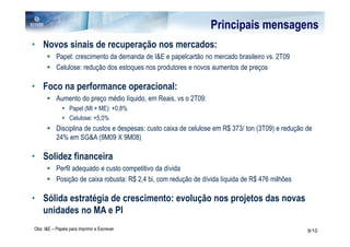 Principais mensagens
• Novos sinais de recuperação nos mercados:
           Papel: crescimento da demanda de I&E e papelcartão no mercado brasileiro vs. 2T09
           Celulose: redução dos estoques nos produtores e novos aumentos de preços

• Foco na performance operacional:
           Aumento do preço médio líquido, em Reais, vs o 2T09:
                  Papel (MI + ME): +0,8%
                  Celulose: +5,0%
           Disciplina de custos e despesas: custo caixa de celulose em R$ 373/ ton (3T09) e redução de
           24% em SG&A (9M09 X 9M08)

• Solidez financeira
           Perfil adequado e custo competitivo da dívida
           Posição de caixa robusta: R$ 2,4 bi, com redução de dívida líquida de R$ 476 milhões

• Sólida estratégia de crescimento: evolução nos projetos das novas
  unidades no MA e PI
Obs: I&E – Papéis para Imprimir e Escrever                                                          9/10
 