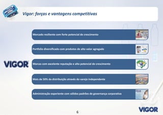66
Mercado resiliente com forte potencial de crescimento
Mais de 50% da distribuição através do varejo independente
Vigor: forças e vantagens competitivas
Marcas com excelente reputação e alto potencial de crescimento
Administração experiente com sólidos padrões de governança corporativa
Portfolio diversificado com produtos de alto valor agregado
 