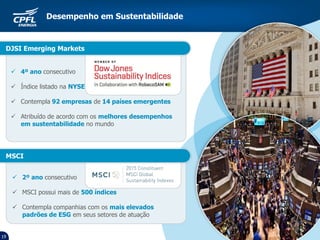 19
Desempenho em Sustentabilidade
 4º ano consecutivo
 Índice listado na NYSE
 Contempla 92 empresas de 14 países emergentes
 Atribuído de acordo com os melhores desempenhos
em sustentabilidade no mundo
DJSI Emerging Markets
MSCI
 2º ano consecutivo
 MSCI possui mais de 500 índices
 Contempla companhias com os mais elevados
padrões de ESG em seus setores de atuação
 