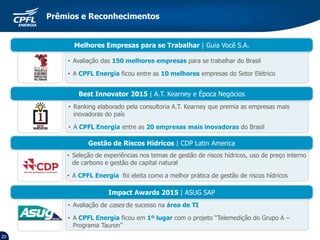 20
Best Innovator 2015 | A.T. Kearney e Época Negócios
Prêmios e Reconhecimentos
• Avaliação das 150 melhores empresas para se trabalhar do Brasil
• A CPFL Energia ficou entre as 10 melhores empresas do Setor Elétrico
Melhores Empresas para se Trabalhar | Guia Você S.A.
Gestão de Riscos Hídricos | CDP Latin America
• Avaliação de cases de sucesso na área de TI
• A CPFL Energia ficou em 1º lugar com o projeto “Telemedição do Grupo A –
Programa Tauron”
Impact Awards 2015 | ASUG SAP
• Seleção de experiências nos temas de gestão de riscos hídricos, uso de preço interno
de carbono e gestão de capital natural
• A CPFL Energia foi eleita como a melhor prática de gestão de riscos hídricos
• Ranking elaborado pela consultoria A.T. Kearney que premia as empresas mais
inovadoras do país
• A CPFL Energia entre as 20 empresas mais inovadoras do Brasil
 