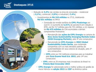 3
Destaques 2T15
• Redução de 5,3% nas vendas na área de concessão – residencial
(-5,1%), comercial (-2,9%) e industrial (-7,4%)
• Investimentos de R$ 219 milhões no 3T15, totalizando
R$ 931 milhões no 9M15
• Conclusão da revisão tarifária da CPFL Piratininga em
out/15: (i) aumento de 5,31% da parcela B (em relação à
RTE), de R$ 717 milhões para R$ 755 milhões; e (ii) repasse
de R$ 475 milhões da CVA acumulada e demais
componentes financeiros
• Manutenção das ações da CPFL Energia na carteira do
Dow Jones Sustainability Emerging Markets Index
(DJSI Emerging Markets), pelo 4º ano consecutivo
• Manutenção da CPFL Energia no MSCI Global
Sustainability Index Series, que contempla
companhias com os mais elevados padrões de
sustentabilidade em seus setores de atuação, pelo 2º
ano consecutivo
• CPFL entre as 150 melhores empresas para se trabalhar
pelo Guia Exame Você S.A. 2015, pelo 14º ano
consecutivo
• CPFL entre as 20 empresas mais inovadoras do Brasil no
Prêmio Best Innovator 2015
• CPFL Energia foi selecionada como a melhor prática de gestão de
riscos hídricos na edição 2015 do CDP na América Latina
Destaques 3T15
 