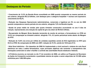 Destaques do Período


 • Crescimento de 13,3% da Receita Bruta consolidada em 2008 quando comparada ao mesmo período do
 ano anterior, atingindo R$ 2,9 bilhões, com destaque para a categoria hospitalar + vacinas com expressivo
 crescimento de 46,2%.

 • Redução das Despesas Operacionais (administrativas, comerciais e logística) em 5% no ano de 2008
 quando comparada ao mesmo período do ano anterior, atingindo 7,6% da Receita Líquida.

 • Queda do prazo médio de vendas pelo quarto trimestre consecutivo acumulando no ano 6 dias de
 redução, representando uma redução de capital de giro da ordem de R$ 50,0 milhões.

 • Recuperação da Margem Bruta Ajustada (acrescida da receita de serviços a fornecedores) no 4T08 em
 18,3% em comparação ao trimestre anterior, atingindo 11%, 0.3 ponto percentual ainda abaixo da Margem
 do 4T07.

 • Redução de 12,6% nos erros por milhão de unidades expedidas caindo de 95.0 registrados no 4T07 para
 83.0 no 4T08. Na comparação de 2008 com 2007, redução de 37,2%, saindo de 145.0 para 91.0.

 • Nota fiscal eletrônica – Em dezembro de 2008 foi implementado a nível nacional o sistema de nota fiscal
 eletrônica em toda a cadeia farmacêutica, cujos principais objetivos são aumentar a transparência das
 transações comerciais no setor e facilitar o controle das autoridades fiscais estaduais e federais.

 • A Profarma anunciou ao mercado no dia 17 de novembro de 2008, um aditivo ao Programa de Recompra
 de Ações da Companhia aumentando a quantidade máxima de ações a serem adquiridas de 312.500 ações
 ordinárias para 1.062.500 ações.




                                                                                                             2
 