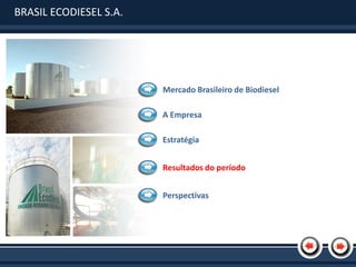 BRASIL ECODIESEL S.A.




                        Mercado Brasileiro de Biodiesel

                        A Empresa

                        Estratégia


                        Resultados do período


                        Perspectivas
 