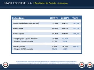 BRASIL ECODIESEL S.A. | Resultados do Período – Indicadores




           (*) Desconsidera outras despesas não relacionadas diretamente com a atividade operacional e não recorrentes, e o Ajuste de
              Redirecionamento Estratégico no valor de R$ 93,15 milhões (ver nota explicativa nº 24 das Demonstrações Financeiras)
 