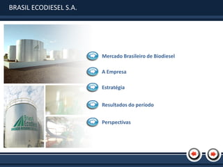 BRASIL ECODIESEL S.A.




                        Mercado Brasileiro de Biodiesel

                        A Empresa

                        Estratégia


                        Resultados do período


                        Perspectivas
 