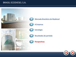 BRASIL ECODIESEL S.A.




                        Mercado Brasileiro de Biodiesel

                        A Empresa

                        Estratégia


                        Resultados do período


                        Perspectivas
 