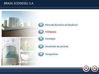 BRASIL ECODIESEL S.A.




                        Mercado Brasileiro de Biodiesel

                        A Empresa

                        Estratégia


                        Resultados do período


                        Perspectivas
 
