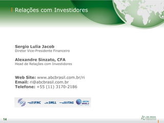 14
Relações com Investidores
14
Sergio Lulia Jacob
Diretor Vice-Presidente Financeiro
Alexandre Sinzato, CFA
Head de Relações com Investidores
Web Site: www.abcbrasil.com.br/ri
Email: ri@abcbrasil.com.br
Telefone: +55 (11) 3170-2186
 