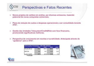 Perspectivas e Fatos Recentes
Novos projetos de cartões em análise, por diversos emissores, trazendo
potencial de novas conquistas comerciais;


Plano de redução de custos e despesas operacionais a ser consolidado durante
4T07;


Gestão das Unidades Telesystem/Credit&Risk com foco financeiro,
promovendo significativas melhoras;


Perspectiva de crescimento em receitas e lucratividade. Antecipada através do
“guidance” para o 4T07:

             Informações Trimestrais – CSU (R$ milhões)
                                  1T07      2T07      3T07    4T07 *
             Receita Bruta        78,4      87,4      90,9     92,7

             EBITDA               5,3       5,6      11,9      15,2

             Lucro Líquido        (5,7)     (4,3)     (0,2)     1,3
                * Forecast

                                                                                15
 