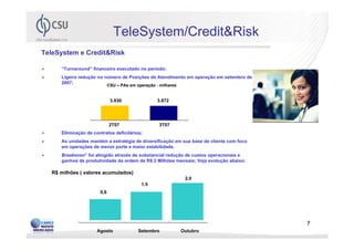 TeleSystem/Credit&Risk
TeleSystem e Credit&Risk

     “Turnaround” financeiro executado no período;
     Ligeira redução no número de Posições de Atendimento em operação em setembro de
     2007;
                            CSU – PAs em operação - milhares


                             3.930                 3.872




                            2T07                    3T07
     Eliminação de contratos deficitários;
     As unidades mantém a estratégia de diversificação em sua base de cliente com foco
     em operações de menor porte e maior estabilidade.
     Breakeven” foi atingido através de substancial redução de custos operacionais e
     ganhos de produtividade da ordem de R$ 2 Milhões mensais; Veja evolução abaixo:

  R$ milhões ( valores acumulados)
                                                                2.0
                                           1.5
                      0,6




                                                                                         7
                     Agosto               Setembro             Outubro
 