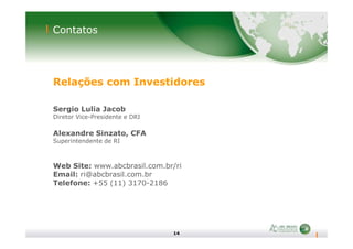 Contatos
Relações com Investidores
Sergio Lulia Jacob
Diretor Vice-Presidente e DRI
14
Alexandre Sinzato, CFA
Superintendente de RI
Web Site: www.abcbrasil.com.br/ri
Email: ri@abcbrasil.com.br
Telefone: +55 (11) 3170-2186
 