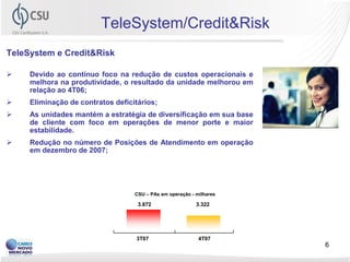 TeleSystem/Credit&Risk
TeleSystem e Credit&Risk

    Devido ao contínuo foco na redução de custos operacionais e
     melhora na produtividade, o resultado da unidade melhorou em
     relação ao 4T06;
    Eliminação de contratos deficitários;
    As unidades mantém a estratégia de diversificação em sua base
     de cliente com foco em operações de menor porte e maior
     estabilidade.
    Redução no número de Posições de Atendimento em operação
     em dezembro de 2007;




                                   CSU – PAs em operação - milhares

                                    3.872                  3.322




                                   3T07                     4T07
                                                                      6
 