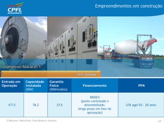 1) Macacos, Pedra Preta, Costa Branca e Juremas;
Entrada em
Operação
Capacidade
Instalada
(MW)
Garantia
Física
(MWmédios)
Financiamento PPA
4T13 78,2 37,5
BNDES
(ponte contratado e
desembolsado,
longo prazo em fase de
aprovação)
LFA ago/10 - 20 anos
Empreendimentos em construção
Complexo Macacos I1
61% concluída
17
 