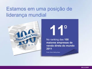 Estamos em uma posição de liderança mundial 11 No ranking das  100 maiores empresas de venda direta do mundo 2011 Fonte: Direct Selling News O 