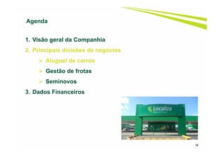 12
1. Visão geral da Companhia
2. Principais divisões de negócios
Aluguel de carros
Gestão de frotas
Seminovos
3. Dados Financeiros
Agenda
 