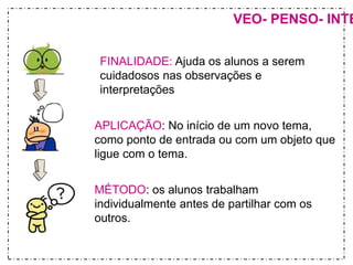 VEO- PENSO- INTERROGO 
FINALIDADE: Ajuda os alunos a serem 
cuidadosos nas observações e 
interpretações 
APLICAÇÃO: No início de um novo tema, 
como ponto de entrada ou com um objeto que 
ligue com o tema. 
MÉTODO: os alunos trabalham 
individualmente antes de partilhar com os 
outros. 
 