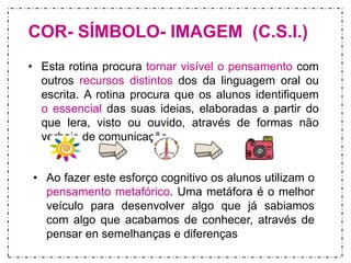 COR- SÍMBOLO- IMAGEM (C.S.I.) 
• Esta rotina procura tornar visível o pensamento com 
outros recursos distintos dos da linguagem oral ou 
escrita. A rotina procura que os alunos identifiquem 
o essencial das suas ideias, elaboradas a partir do 
que lera, visto ou ouvido, através de formas não 
verbais de comunicação. 
• Ao fazer este esforço cognitivo os alunos utilizam o 
pensamento metafórico. Uma metáfora é o melhor 
veículo para desenvolver algo que já sabiamos 
com algo que acabamos de conhecer, através de 
pensar en semelhanças e diferenças 
 