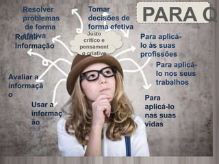 Resolver 
problemas 
de forma 
efetiva 
Reunir 
Informação 
Avaliar a 
informaçã 
o 
Usar a 
informaç 
ão 
Tomar 
decisões de 
forma efetiva 
Para aplicá-lo 
às suas 
profissões 
Para aplicá-lo 
nos seus 
trabalhos 
Para 
aplicá-lo 
nas suas 
vidas 
Juízo 
crítico e 
pensament 
o criativo 
PARA QUÊ? 
 