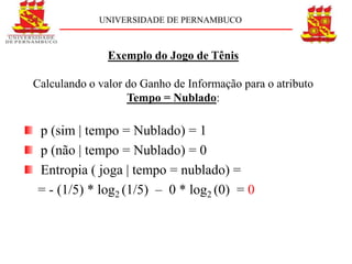 UNIVERSIDADE DE PERNAMBUCO



               Exemplo do Jogo de Tênis

Calculando o valor do Ganho de Informação para o atributo
                   Tempo = Nublado:

p (sim | tempo = Nublado) = 1
p (não | tempo = Nublado) = 0
Entropia ( joga | tempo = nublado) =
= - (1/5) * log2 (1/5) – 0 * log2 (0) = 0
 