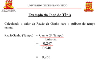UNIVERSIDADE DE PERNAMBUCO



                Exemplo do Jogo do Tênis

Calculando o valor da Razão de Ganho para o atributo do tempo
temos:

RazãoGanho (Tempo) = Ganho (S, Tempo)
                        Entropia
                     =   0,247
                         0,940

                     =   0,263
 