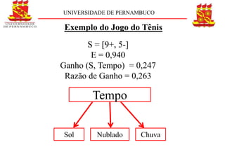 UNIVERSIDADE DE PERNAMBUCO

 Exemplo do Jogo do Tênis
       S = [9+, 5-]
        E = 0,940
Ganho (S, Tempo) = 0,247
 Razão de Ganho = 0,263

        Tempo


Sol      Nublado      Chuva
 
