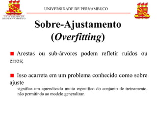 UNIVERSIDADE DE PERNAMBUCO



          Sobre-Ajustamento
             (Overfitting)
   Arestas ou sub-árvores podem refletir ruídos ou
erros;

   Isso acarreta em um problema conhecido como sobre
ajuste
  significa um aprendizado muito específico do conjunto de treinamento,
  não permitindo ao modelo generalizar.
 