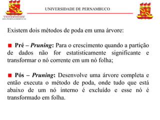 UNIVERSIDADE DE PERNAMBUCO




Existem dois métodos de poda em uma árvore:

   Pré – Pruning: Para o crescimento quando a partição
de dados não for estatisticamente significante e
transformar o nó corrente em um nó folha;

   Pós – Pruning: Desenvolve uma árvore completa e
então executa o método de poda, onde tudo que está
abaixo de um nó interno é excluído e esse nó é
transformado em folha.
 