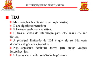UNIVERSIDADE DE PERNAMBUCO




 ID3
   Mais simples de entender e de implementar;
   É um algoritmo recursivo;
   É baseado em busca exaustiva;
    Utiliza o Ganho de Informação para selecionar a melhor
divisão;
   A principal limitação do ID3 é que ele só lida com
atributos categóricos não-ordinais;
    Não apresenta nenhuma forma para tratar valores
desconhecidos;
   Não apresenta nenhum método de pós-poda.
 