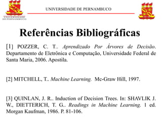 UNIVERSIDADE DE PERNAMBUCO




     Referências Bibliográficas
[1] POZZER, C. T.. Aprendizado Por Árvores de Decisão.
Departamento de Eletrônica e Computação, Universidade Federal de
Santa Maria, 2006. Apostila.


[2] MITCHELL, T.. Machine Learning. Mc-Graw Hill, 1997.


[3] QUINLAN, J. R.. Induction of Decision Trees. In: SHAVLIK J.
W., DIETTERICH, T. G.. Readings in Machine Learning. 1 ed.
Morgan Kaufman, 1986. P. 81-106.
 