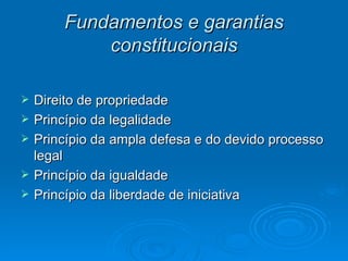 Fundamentos e garantias constitucionais Direito de propriedade Princípio da legalidade Princípio da ampla defesa e do devido processo legal Princípio da igualdade Princípio da liberdade de iniciativa 