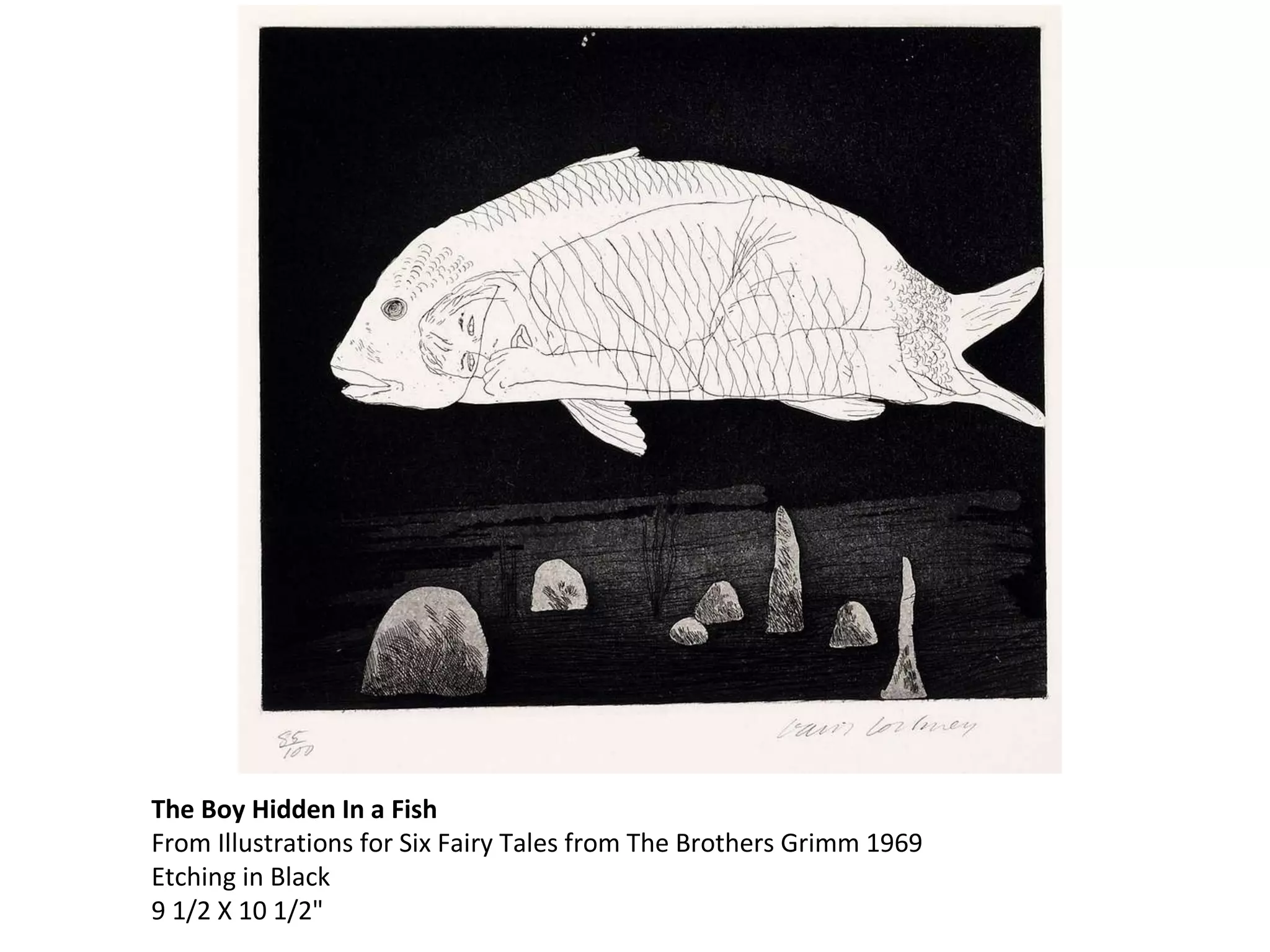 The Boy Hidden In a Fish From Illustrations for Six Fairy Tales from The Brothers Grimm 1969 Etching in Black 9 1/2 X 10 1/2" 
