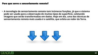 10
• A tecnologia de sensoriamento remoto tem inúmeras funções, já que o sistema
pode ser usado para a observação de muitos tipos de superfície, coletando
imagens que serão transformadas em dados. Hoje em dia, uma das técnicas de
sensoriamento remoto mais usada é o satélite, que orbita ao redor da Terra.
Para que serve o sensoriamento remoto?
 