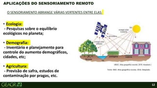 12
• Ecologia:
- Pesquisas sobre o equilíbrio
ecológicos no planeta;
• Demografia:
- Inventário e planejamento para
controle do aumento demográficos,
cidades, etc;
• Agricultura:
- Previsão de safra, estudos de
contaminação por pragas, etc.
APLICAÇÕES DO SENSORIAMENTO REMOTO
O SENSORIAMENTO ABRANGE VÁRIAS VERTENTES ENTRE ELAS:
Fonte: IBGE. Atlas geográfico escolar, 2016. Adaptado.
 
