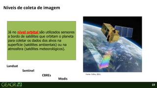 19
Níveis de coleta de imagem
Fonte: Folha, 2011.
Landsat
Sentinel
CBREs
Modis
Já no nível orbital são utilizados sensores
a bordo de satélites que orbitam o planeta
para coletar os dados dos alvos na
superfície (satélites ambientais) ou na
atmosfera (satélites meteorológicos).
 