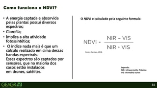 31
• A energia captada e absorvida
pelas plantas possui diversos
espectros;
• Clorofila;
• Implica a alta atividade
fotossintética;
• O índice nada mais é que um
cálculo realizado em cima dessas
bandas espectrais.
Esses espectros são captados por
sensores, que na maioria dos
casos estão instalados
em drones, satélites.
Como funciona o NDVI?
O NDVI e calculado pela seguinte formula:
Fonte : Sentara, 2018.
Legenda:
NIR- Infravermelho Próximo
VIS- Vermelho visível
 